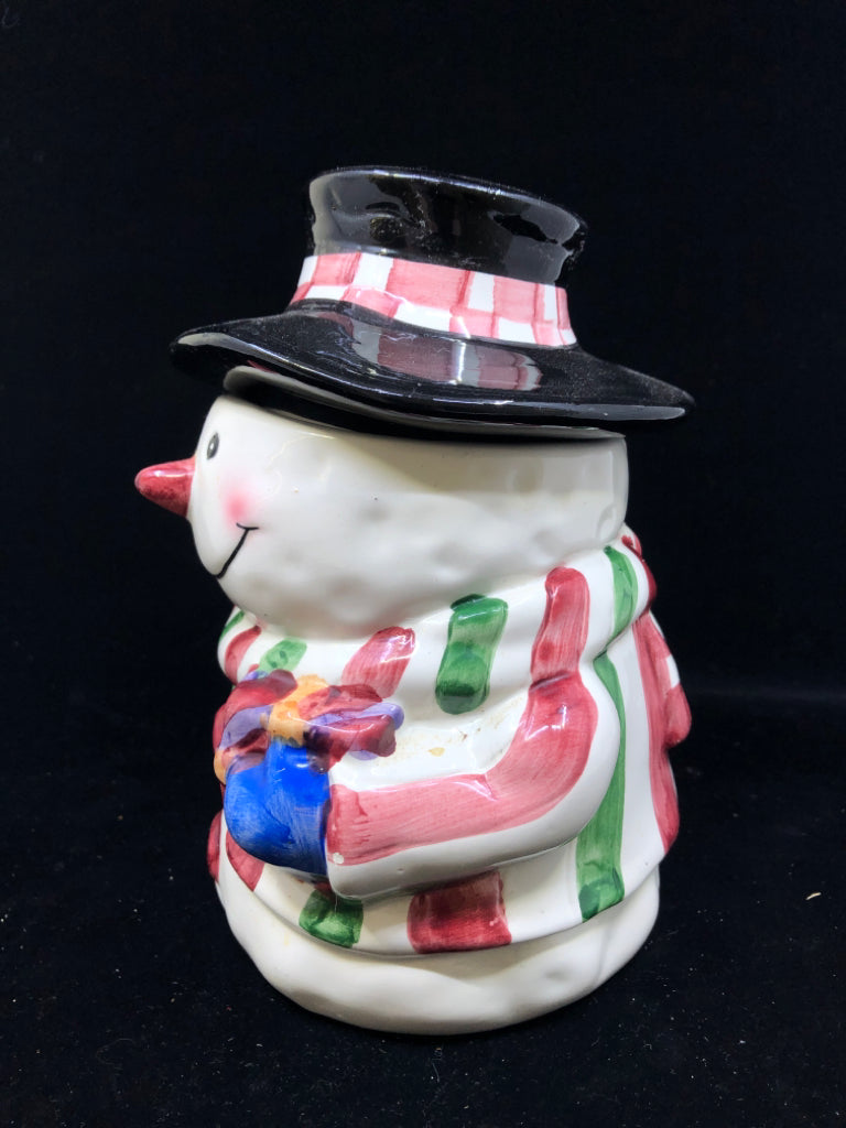 2 PC CERAMIC SNOWMAN COOKIE JAR.