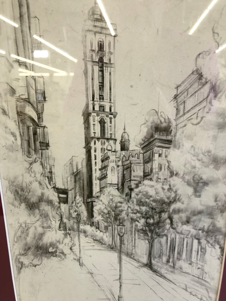 CITY SKETCH SCENE IN RED W BLACK FRAME.
