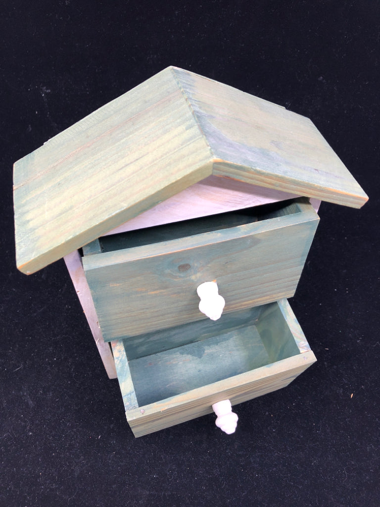 SMALL WOOD HOUSE STORAGE W/ 2 DRAWERS GREEN/WHITE APPLES.