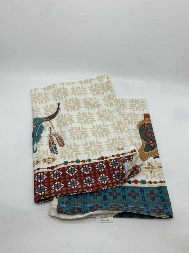2 KITCHEN TOWELS W/BOOTS+NATIVE DESIGN.