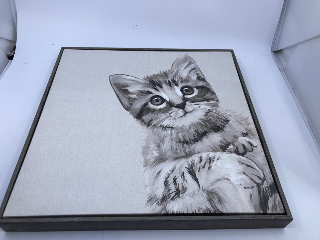 GREY TABBY CAT CANVAS IN GREY FRAME.