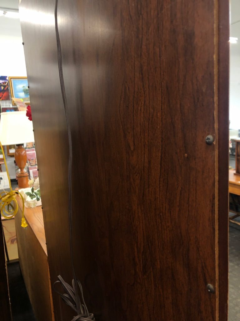 RIDGEWAY CHERRY WOOD GRANDFATHER CLOCK W/SHELVES & LIGHT.