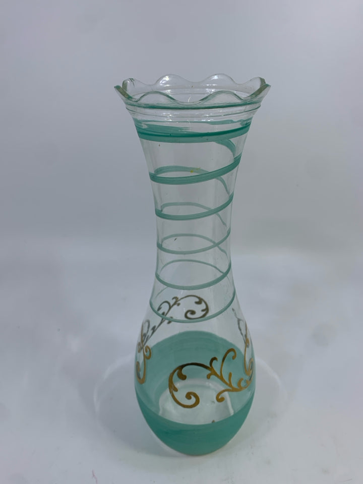 CLEAR VASE W/TEAL&GOLD PATTERN.