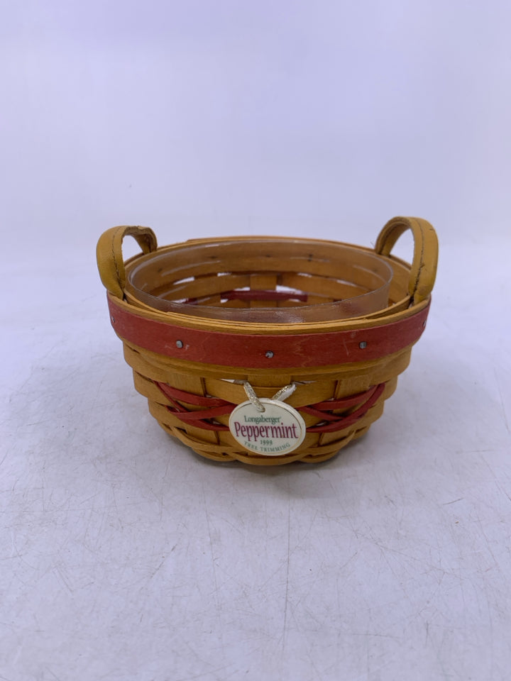1999 TREE TRIMMINGS PEPPERMINT BASKET W/ PROTECTOR & TIE-ON.