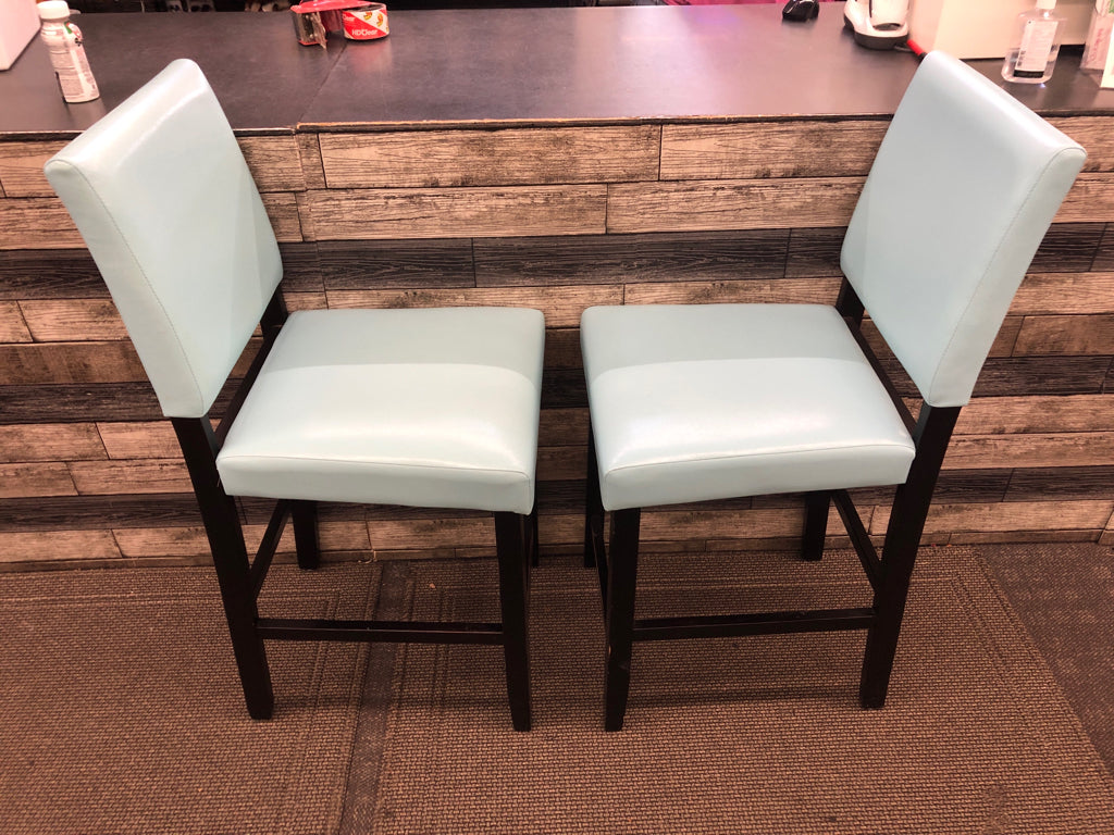 2 AQUA FAUX LEATHER BAR STOOLS W/ BLACK LEGS.