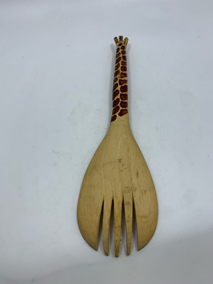 GIRAFFE HANDLE CARVED WOOD SALAD FORK.