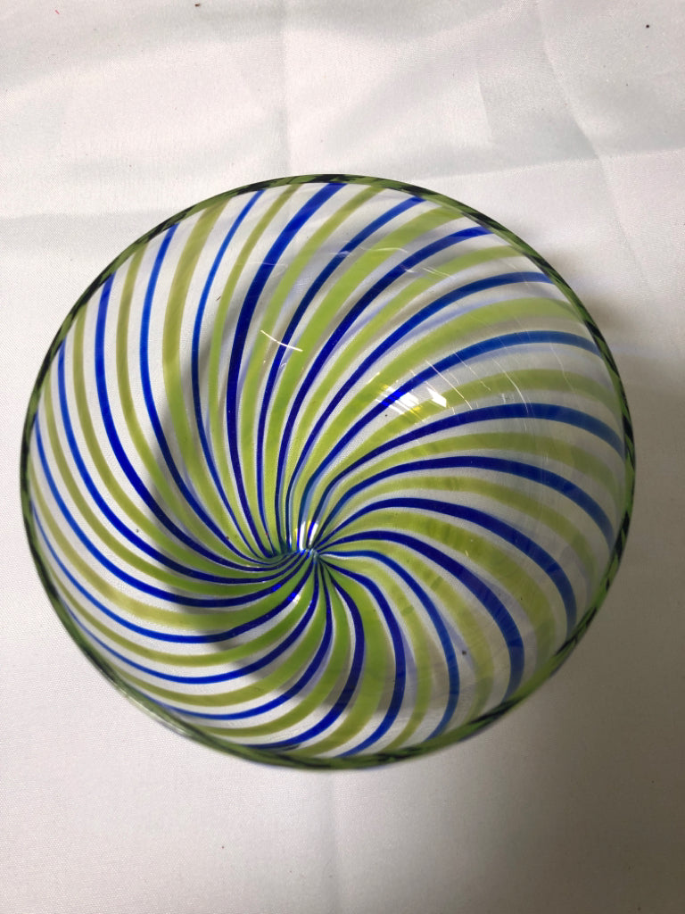 CLEAR GLASS BOWL W/ GREEN+COBALT BLUE STRIPES EASTERN.