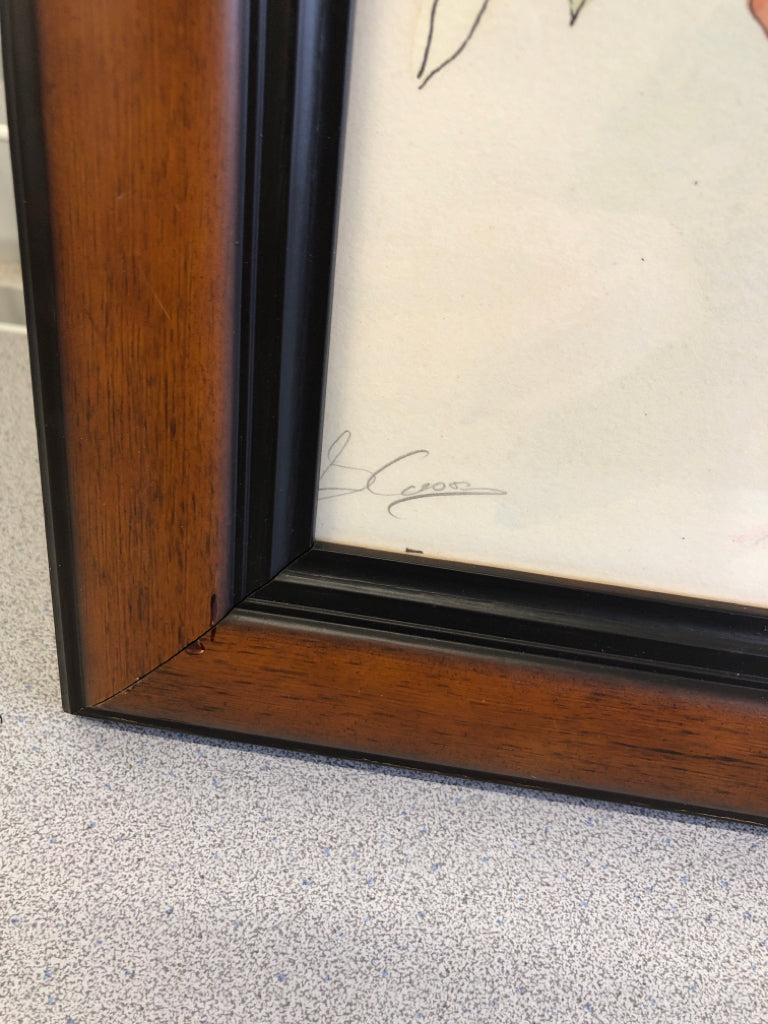 WATERCOLOR HIBISCUS IN BROWN/BLACK FRAME.