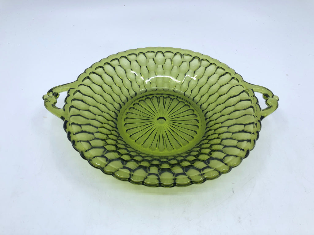 GREEN CUT GLASS BOWL W HANDLES.