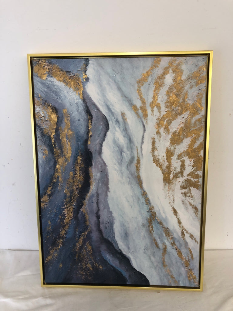 DARK BLUE, WHITE + TEXTURED GOLD ABSTRACT CANVAS IN GOLD FRAME.