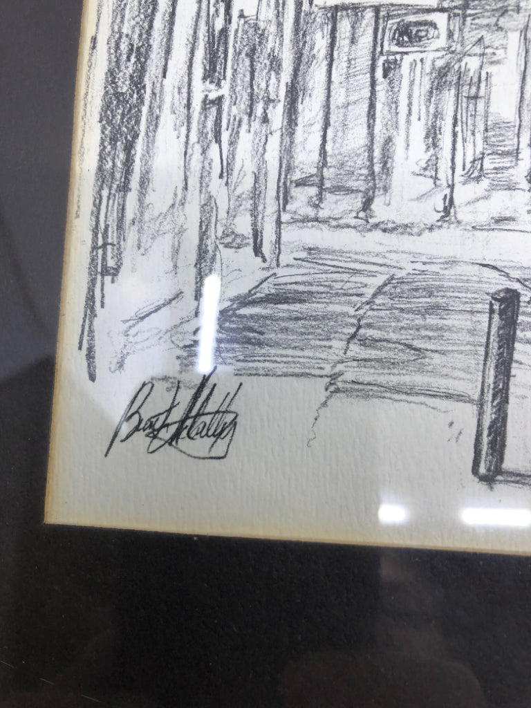 ROYAL STREET NEW ORLEANS-FRAMED CHARCOAL DRAWING.