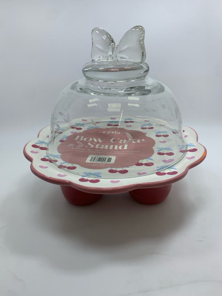 PINK BOW CERAMIC CAKE STAND W/GLASS DOME.