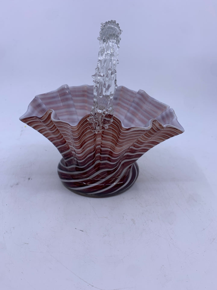 GLASS BASKET STRIPED CRANBERRY/WHITE W/ CLEAR TEXTURE HANDLES.