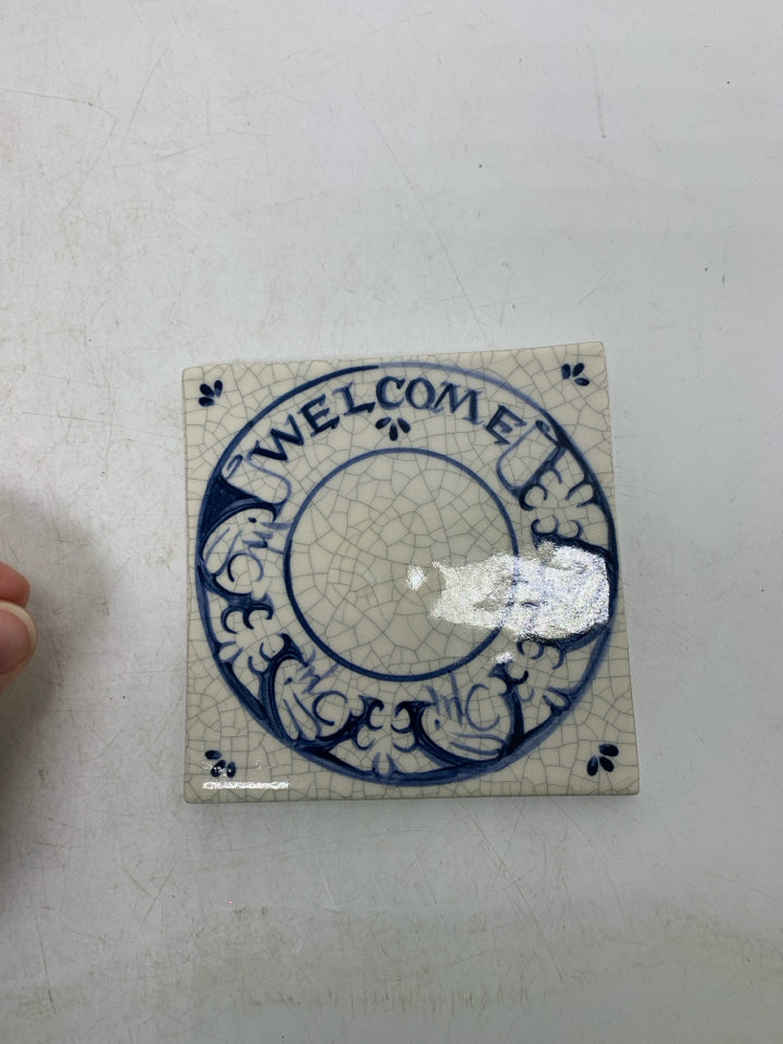 VTG SMALL TILE CRACKLE WELCOME W/ RABBITS DEDHAM POTTERY.