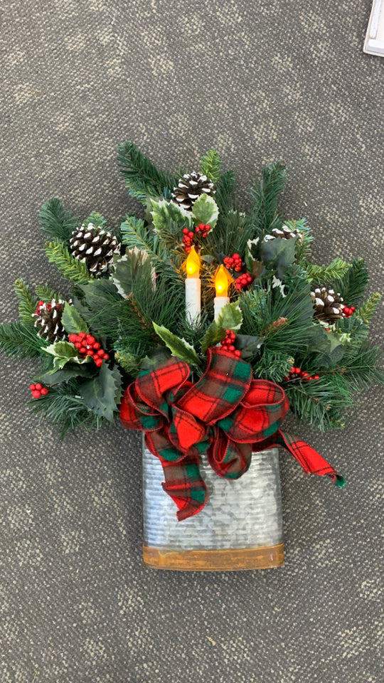 FAUX CANDLE GREENERY IN RUSTIC TIN.