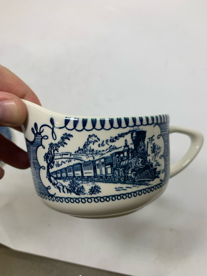 2 PC BLUE DETAILED STADIUM/TRAIN CREAMER/SUGAR BOWL.