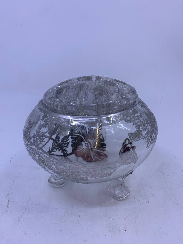 VTG FOOTED SILVER FLORAL ROSE BOWL W FLOWER FOG.