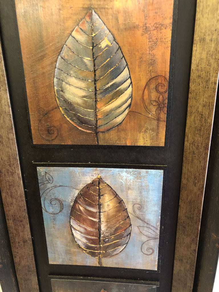 WOOD PAINTED LEAVES IN BROWN FRAME.