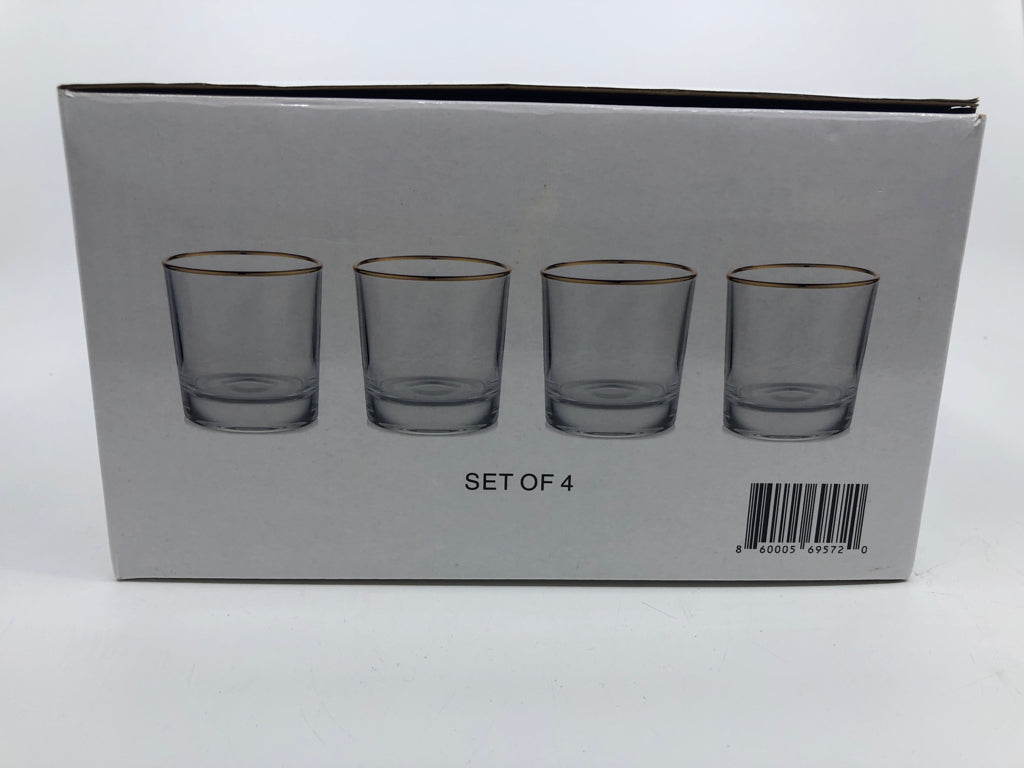 NIB 4 WHISKEY GLASSES W/ GOLD RIM