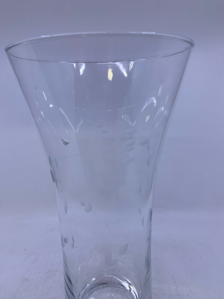HEAVY BOTTOM GLASS VASE W/ ETCHED LEAVES FLARED TOP.
