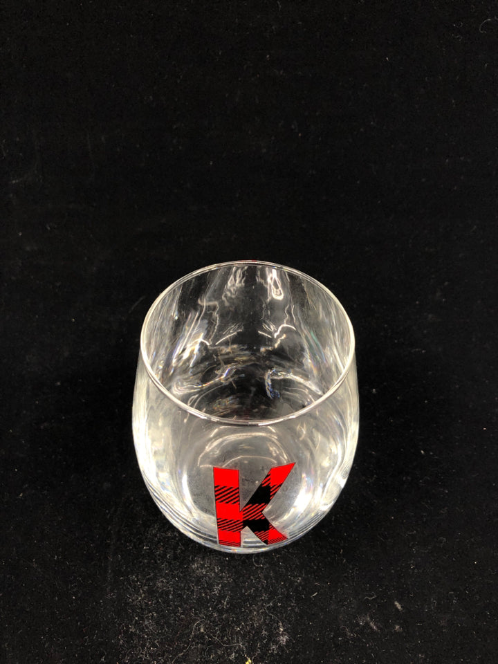 STEMLESS WINE GLASS W/ MONOGRAM "K" RED/BLACK PLAID.