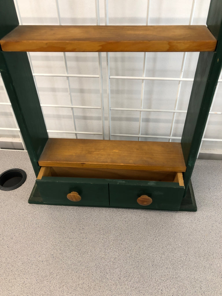 3-TIER GREEN & WOOD HANGING SHELF W/DRAWER.