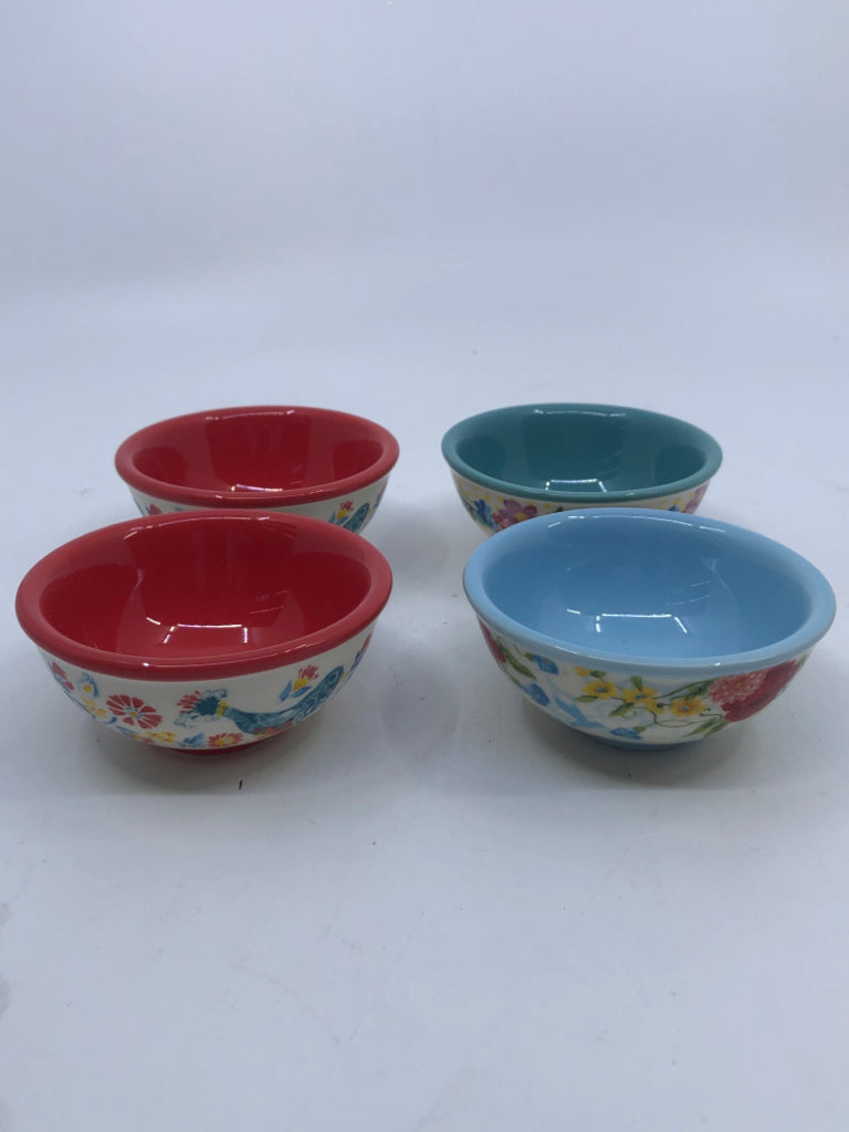 4 TEAL & RED FLORAL CONDIMENT BOWLS.