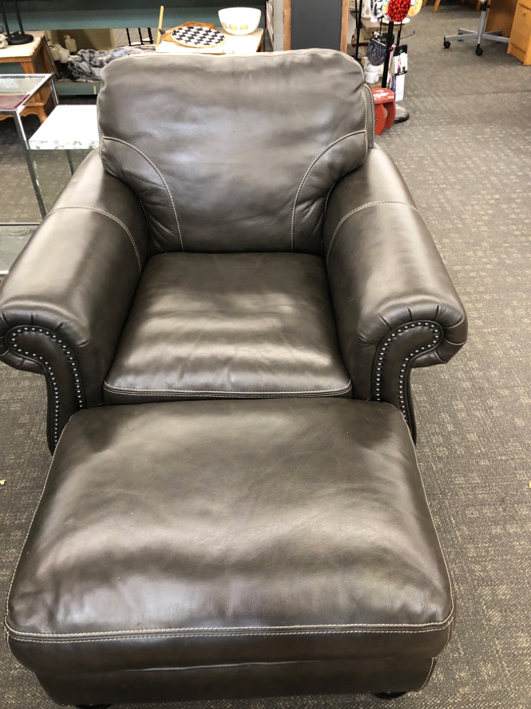 LEATHER LOUNGE CHAIR + OTTOMAN.