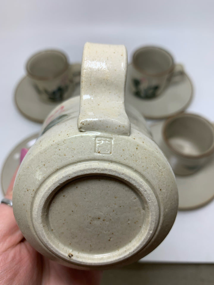 8 PC SVC 4 POTTERY TEACUPS & SAUCERS PINK ORCHID.