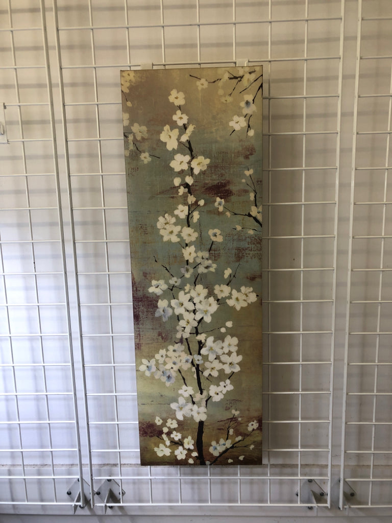 SKINNY WHITE FLORAL CANVAS WALL ART.