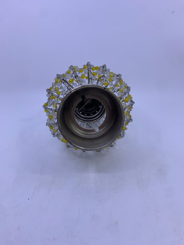 SILVER METAL YELLOW WHITE BEADED CANDLE LAMP.