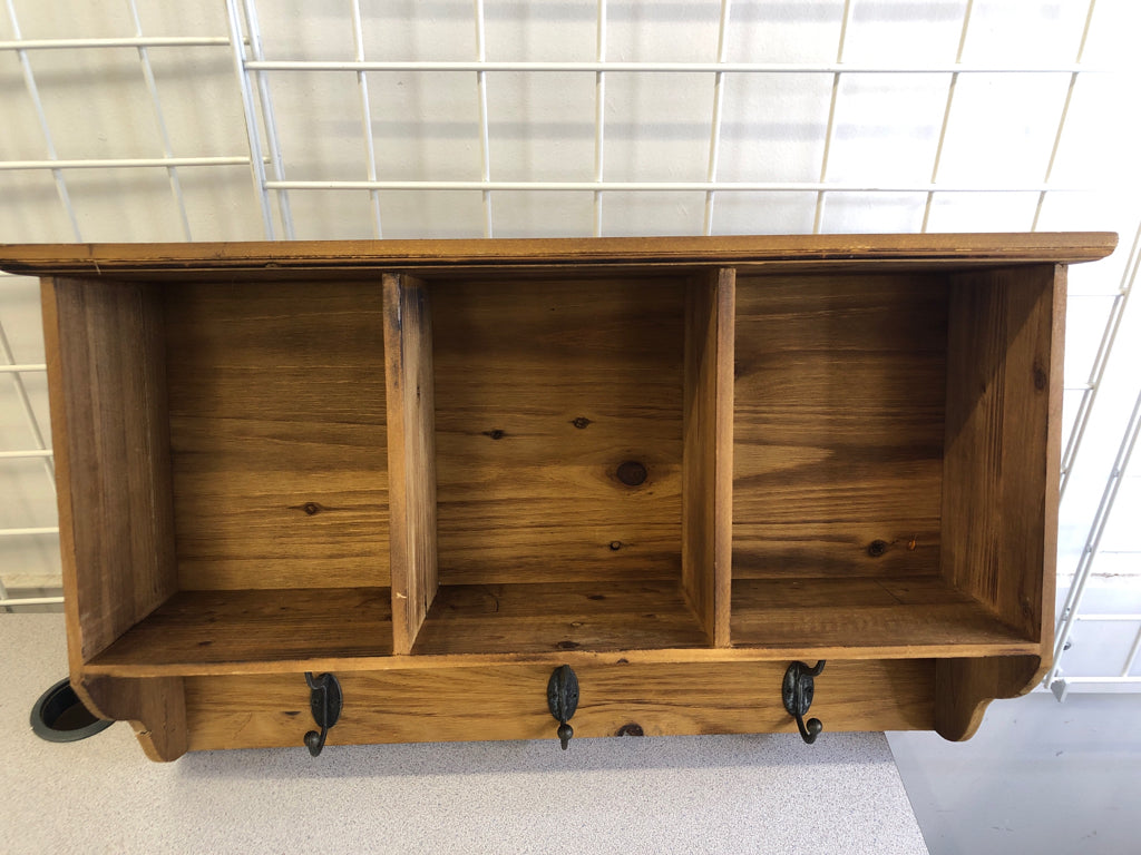 3 CUBBY, 3 HOOK WOOD WALL SHELF.