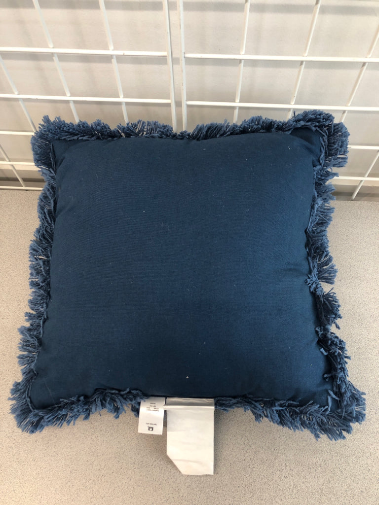 BLUE TEXTURED PILLOW W/FRINGE.
