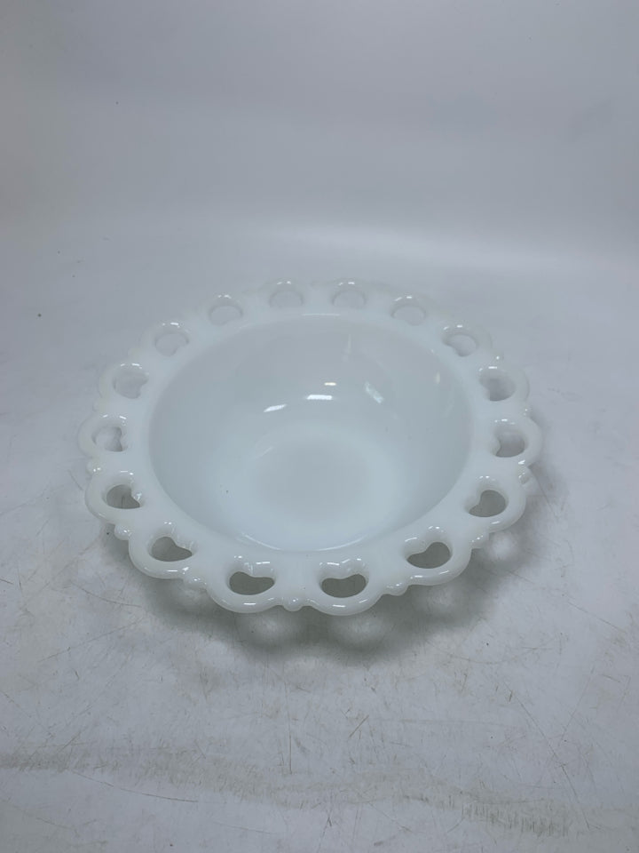 MILK GLASS BOWL W/ LACE EDGE.