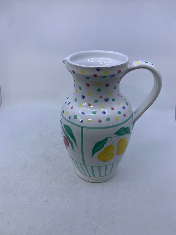 WHITE PITCHER W/ COLORED POLKA DOTS/FRUIT.
