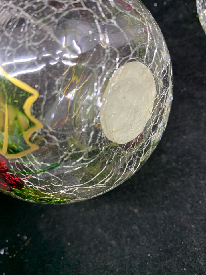 2 CLEAR CRACKLE GLASS VOTIVE CANDLE HOLDERS HOLLY AND RIBBON.