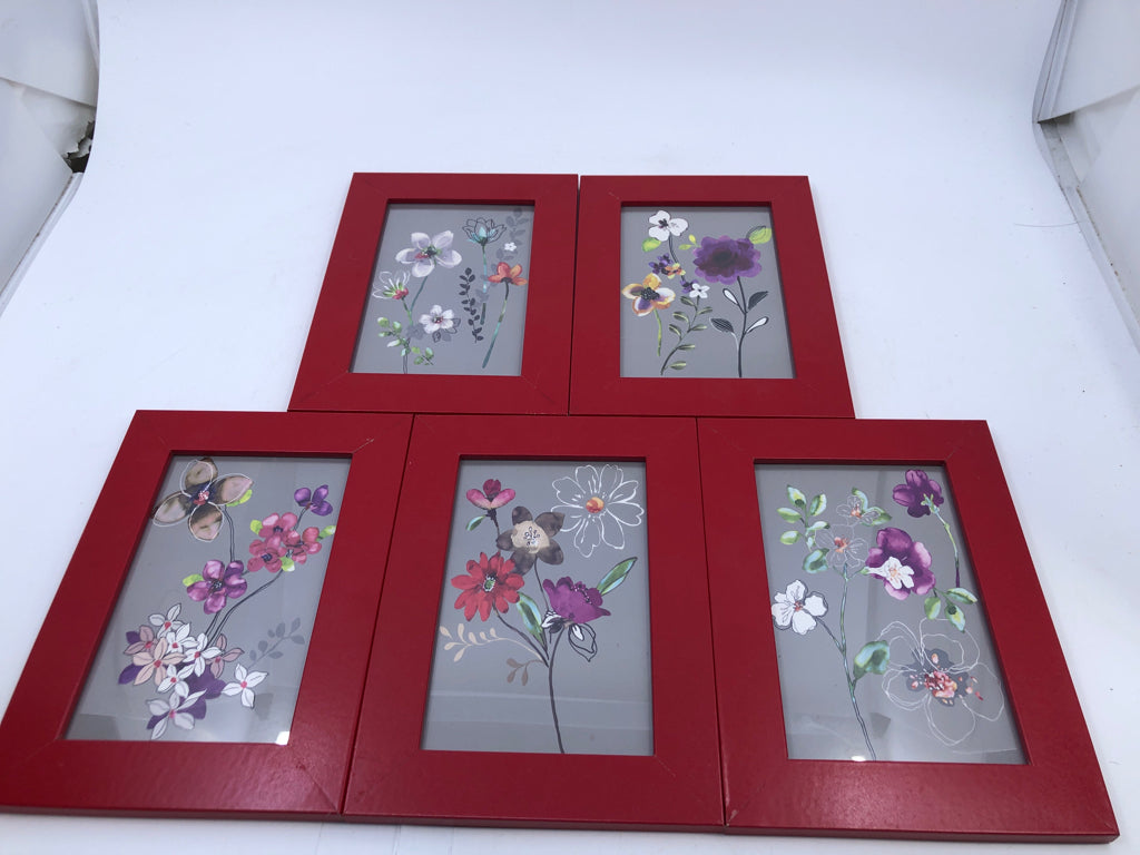 5 PC SMALL ASSORTED COLORFUL FLOWERS RED FRAMES.