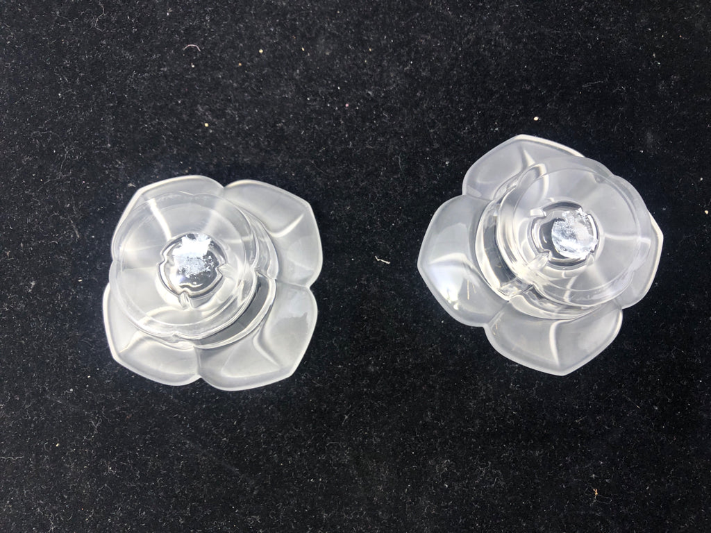 2 FROSTED FLORAL TAPER CANDLE HOLDERS.