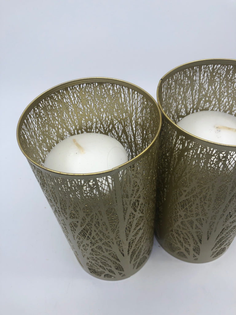 2 GOLD TREE PATTERN PILLAR CANDLE HOLDER.