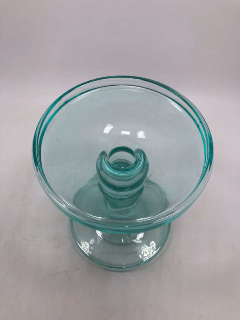 LT BLUE GLASS PILLAR CANDLE HOLDER.