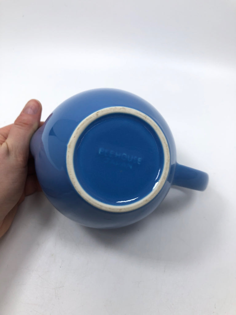 BLUE CERAMIC TEAPOT W/STAINLESS STEEL FLIP LID.