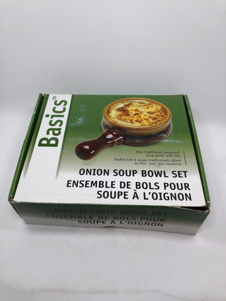 NIB BROWN GLAZE SOUP BOWL SET.