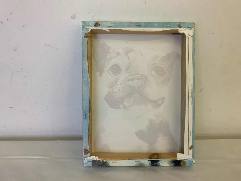 GRINNING DOG CANVAS W/ LIGHT BLUE BACKGROUND.