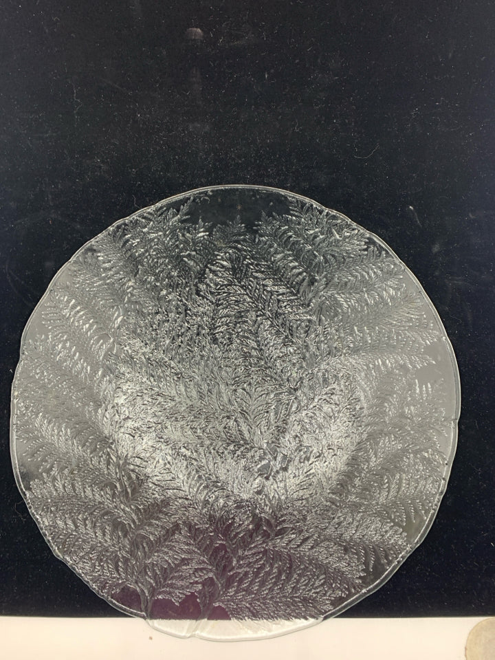 HEAVY GLASS SERVING PLATTER W/ TEXTURED FERN DESIGN.