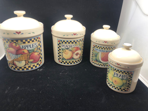 4 CREAM AND BLUE VTG CANISTERS W FRUIT LABELS.