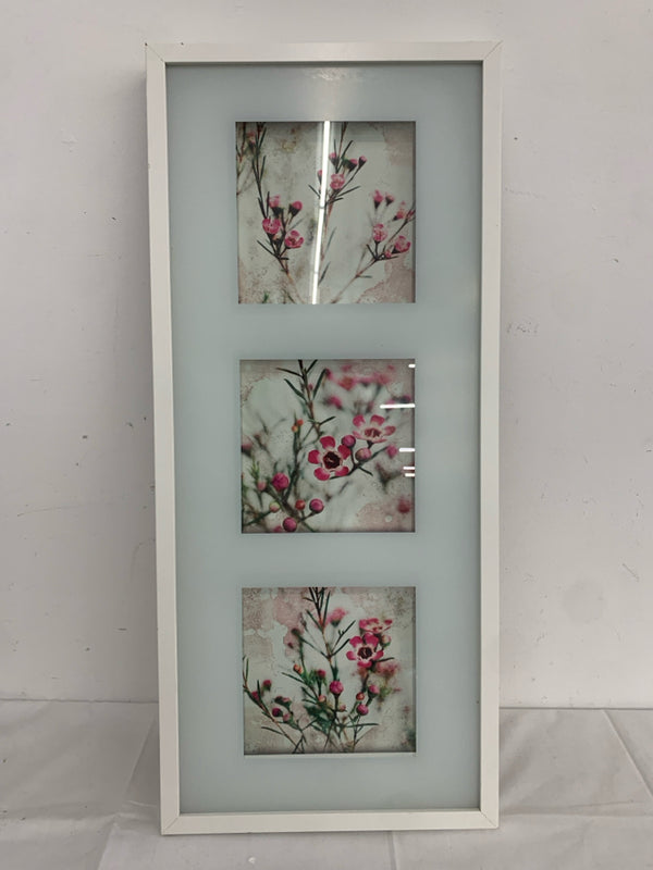 3 SQUARE PINK FLORAL IN WHITE FRAME WALL HANGING.