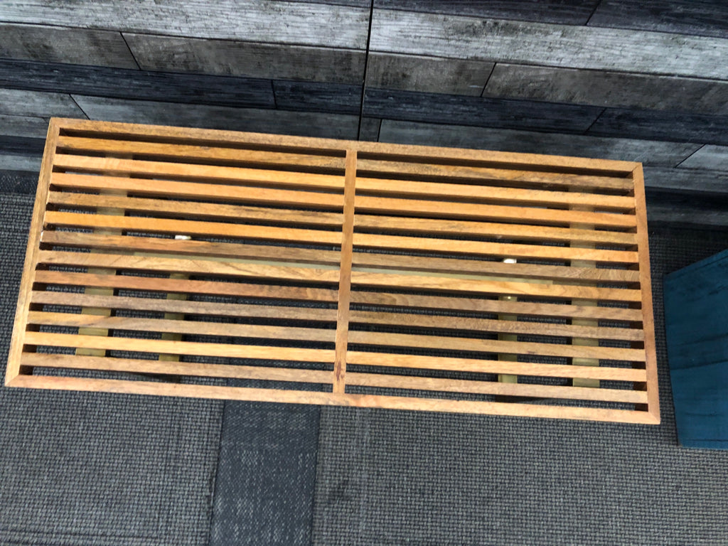 WOODEN BENCH W/BRASS BASE.