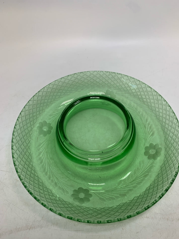 VTG GREEN DOME GLASS BOWL W/ ETCHED FLOWERS.