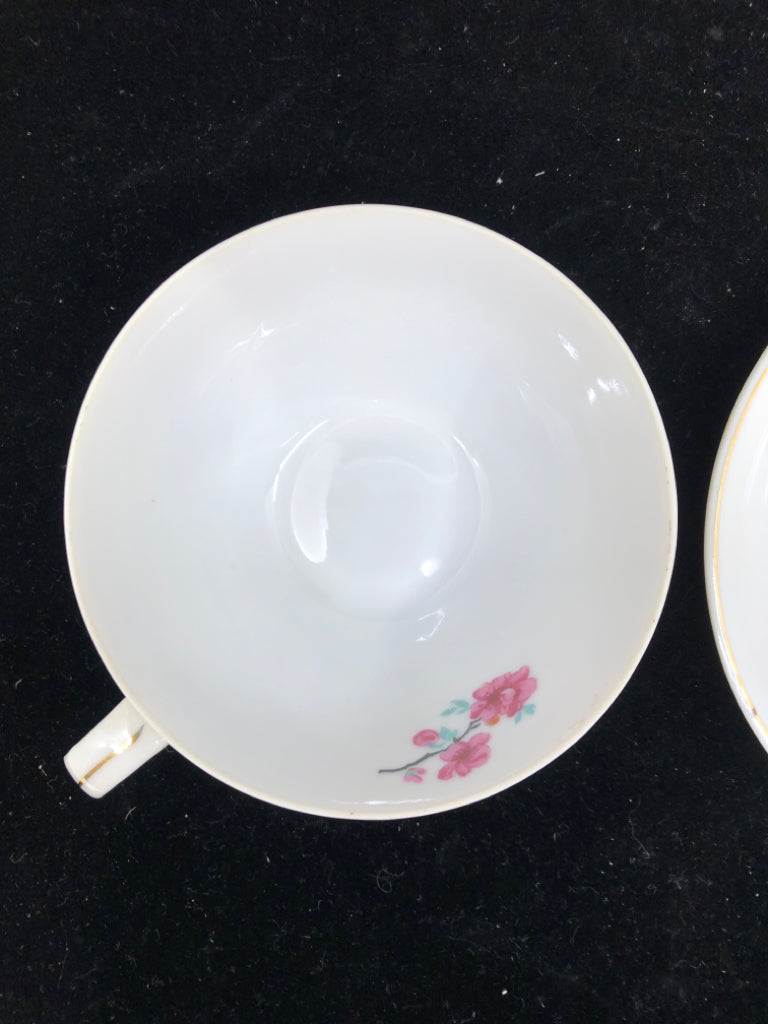 WHITE CHERRY BLOSSOM W ORANGE ACCENT TEACUP AND SAUCER.