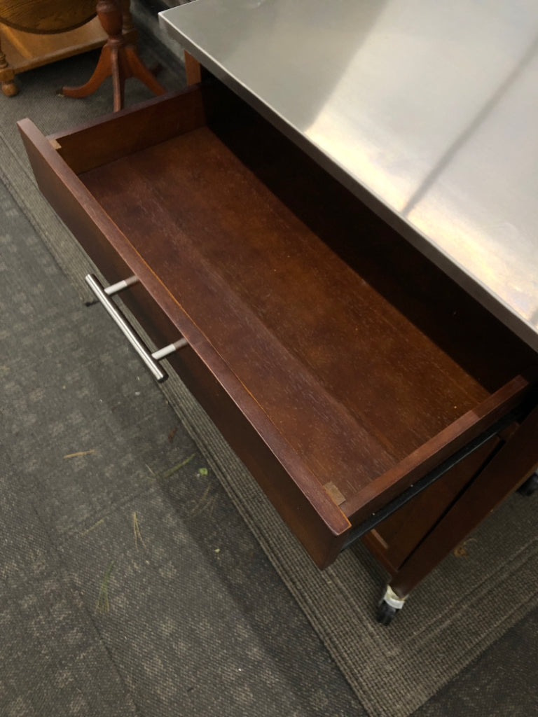 WOOD CART W/STAINLESS STEEL TOP, DRAWER AND CABINET ON WHEELS.